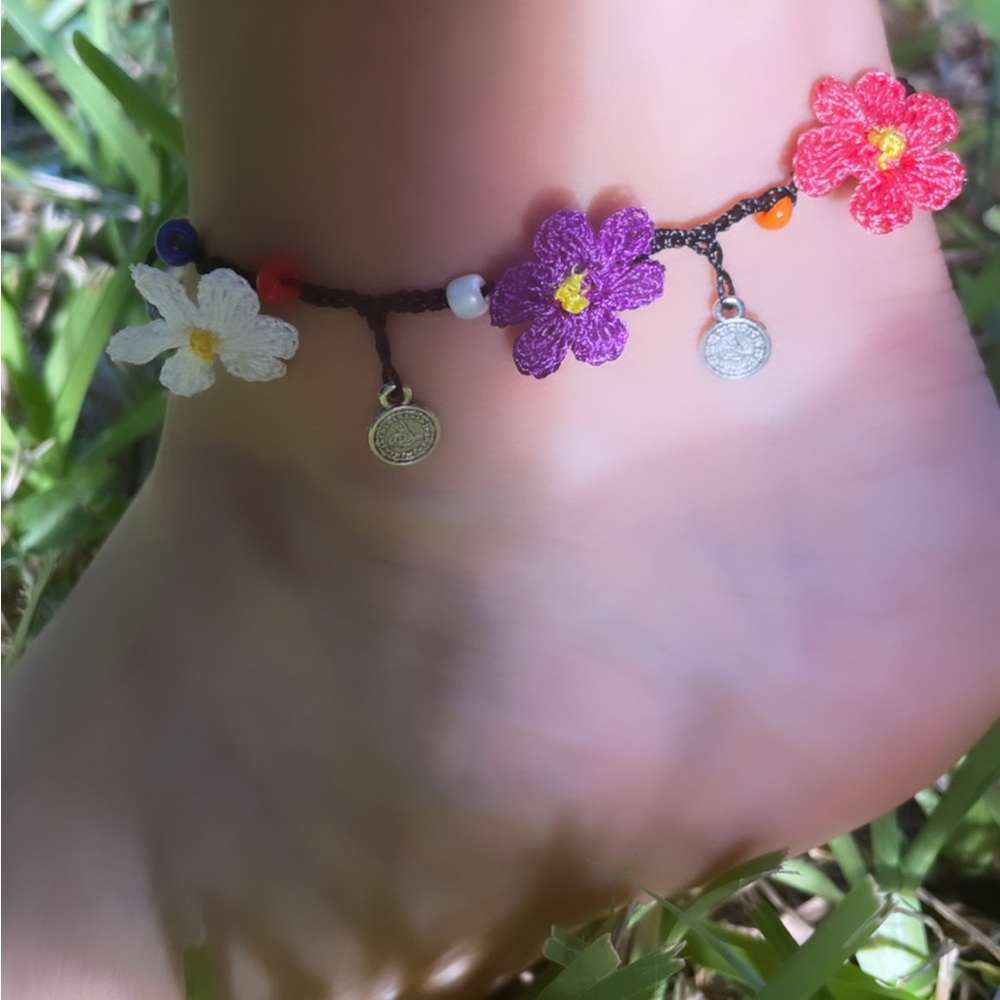 Handmade, Floral Anklet, Crochet, Multi-Color, Ankle Summer Beach Accessory